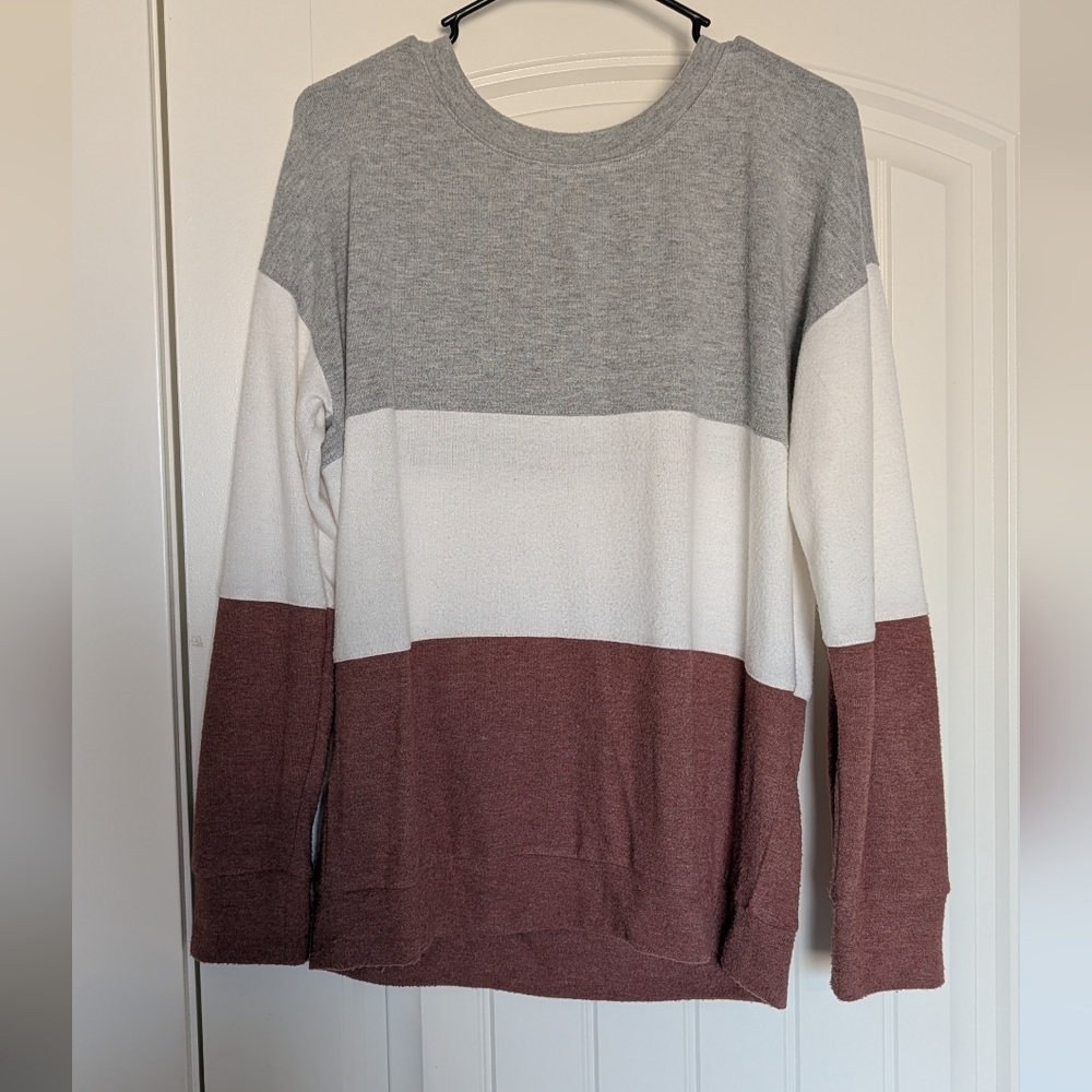 Colorblock Sweater in Gray, White, and Brown